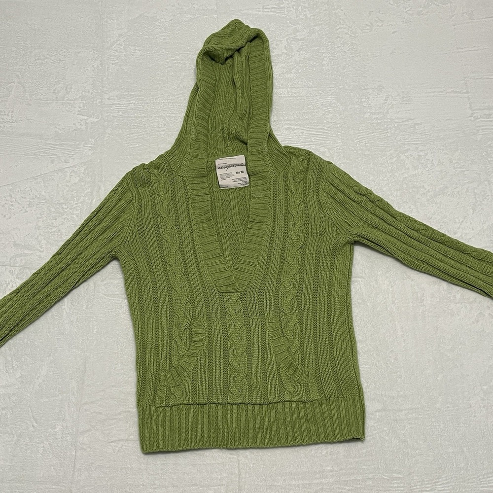 Vintage Y2K Aeropostale Hooded Button Up VNeck Cable Knit Kangaroo Pocket Medium - Picture 2 of 10